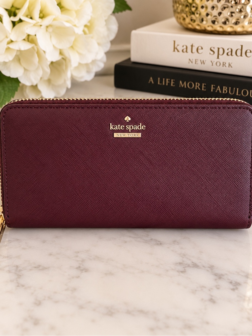 Kate Spade Burgundy Saffiano Leather Continental Zip Around Wallet